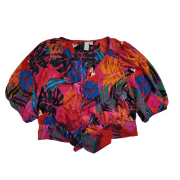 Joie Tropical Print V-Neck Cropped Tie Front Blouse - Picture 1 of 7